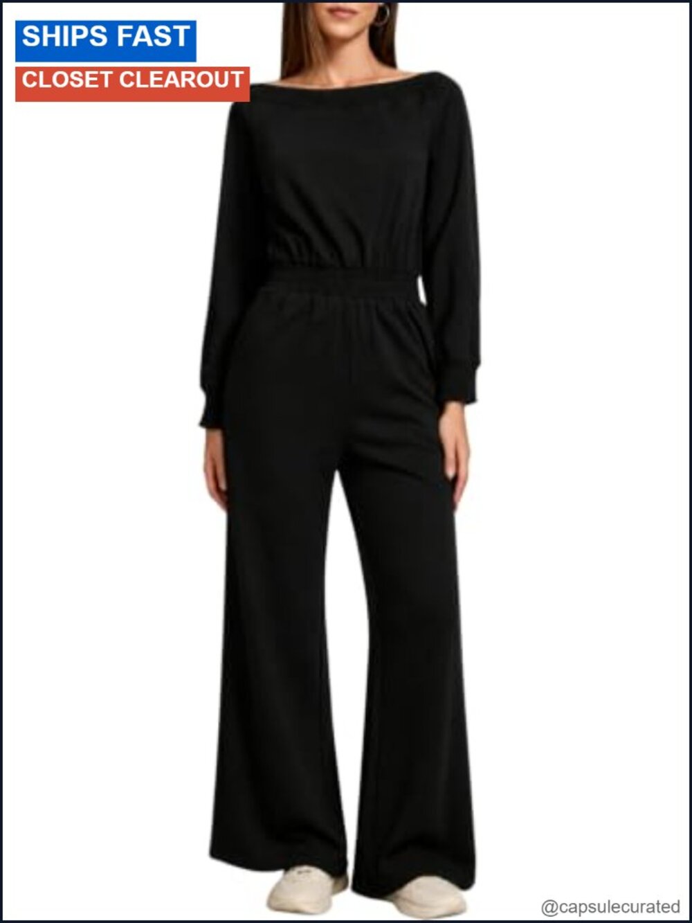 Boat Neck Long Sleeve Wide Leg Jumpsuit with Cinched Waist